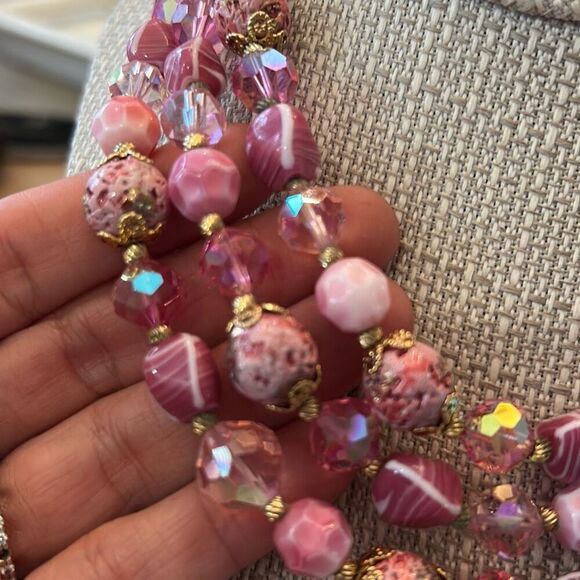 Vintage vendome triple strand crystal beaded necklace gold pink - Picture 2 of 6